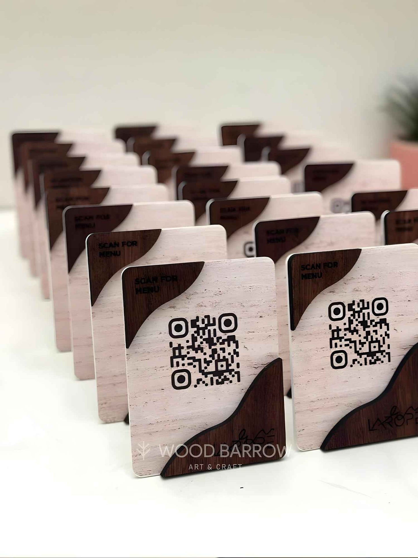 Elegant QR Code Stand - Acrylic and Wood | 10cm x 13cm
