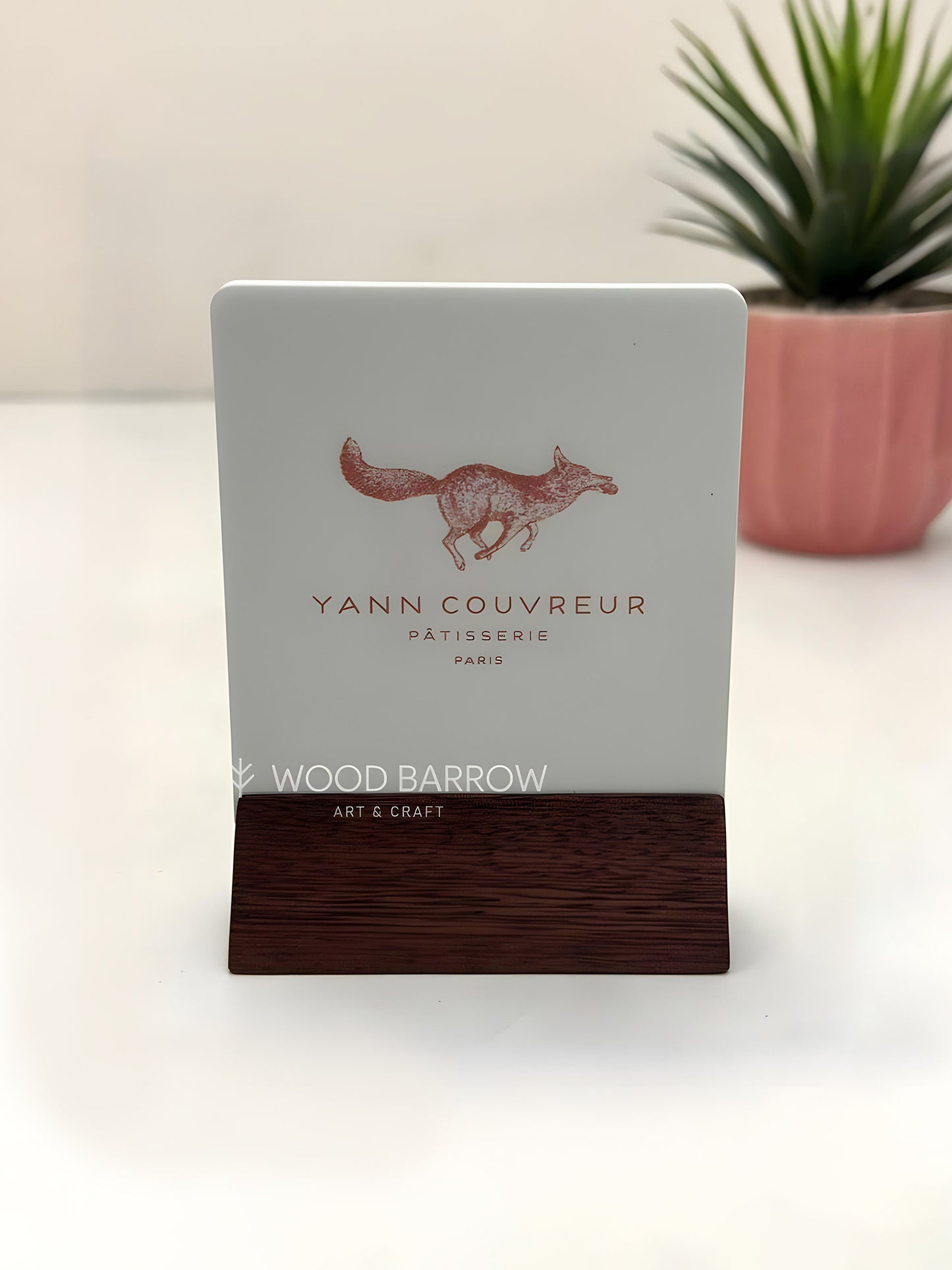 Simple Acrylic QR Code Stand with Logo - Wooden Base - 8cm x 11cm