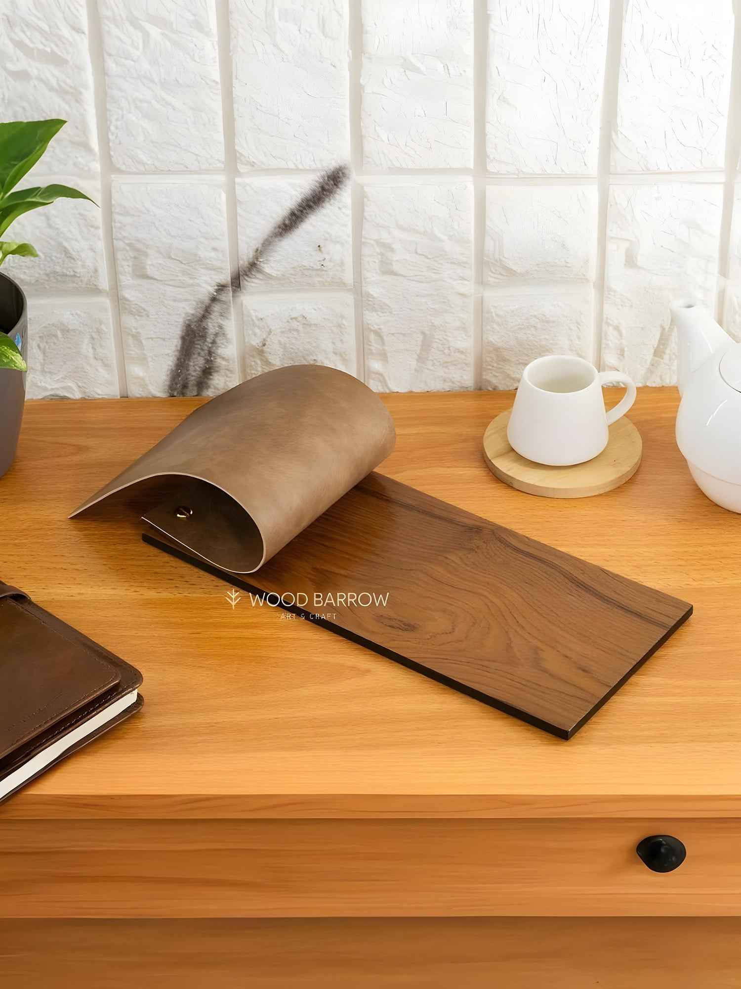 Small Wooden Menu Holder with Leather Covering