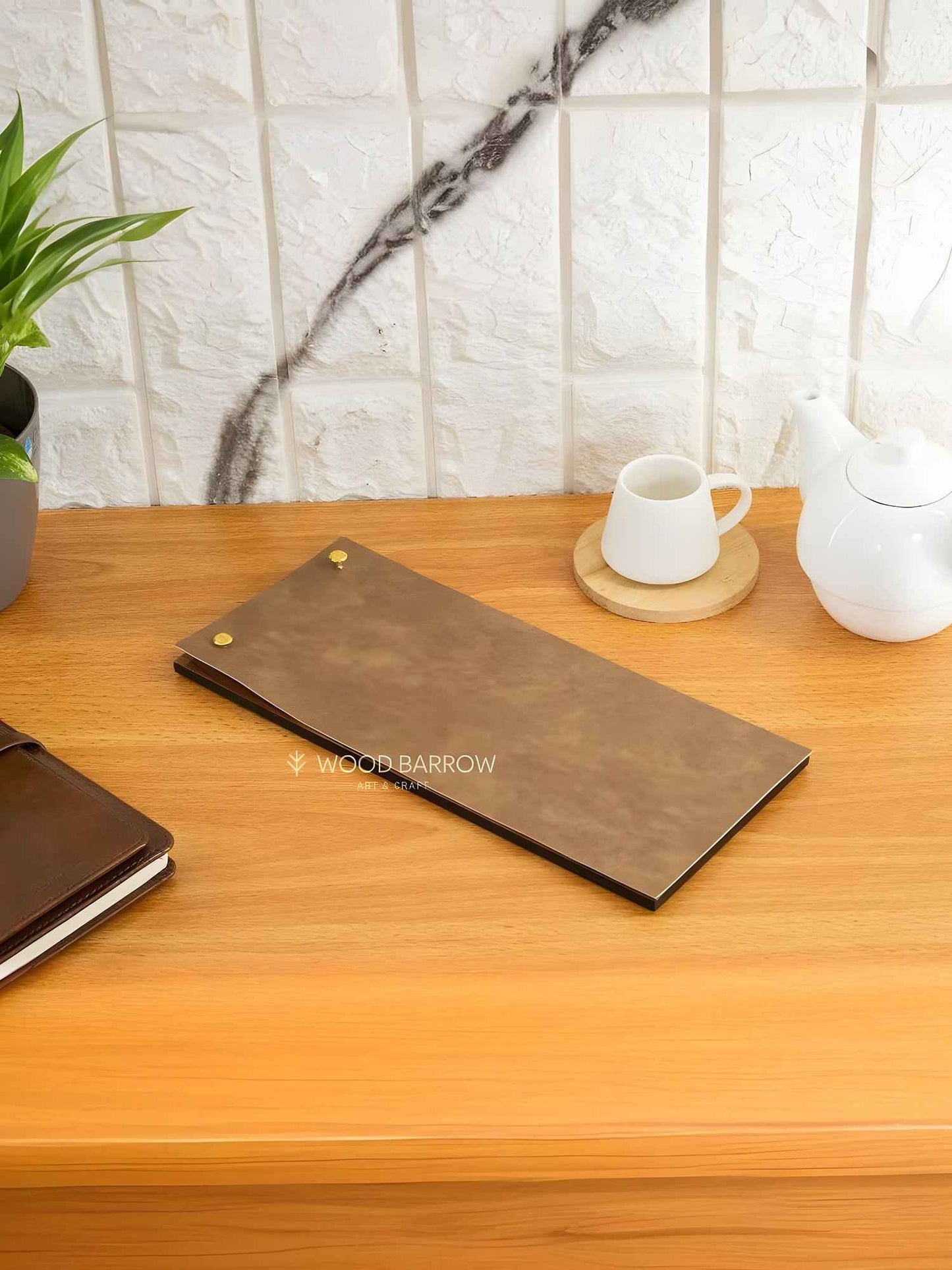 Small Wooden Menu Holder with Leather Covering