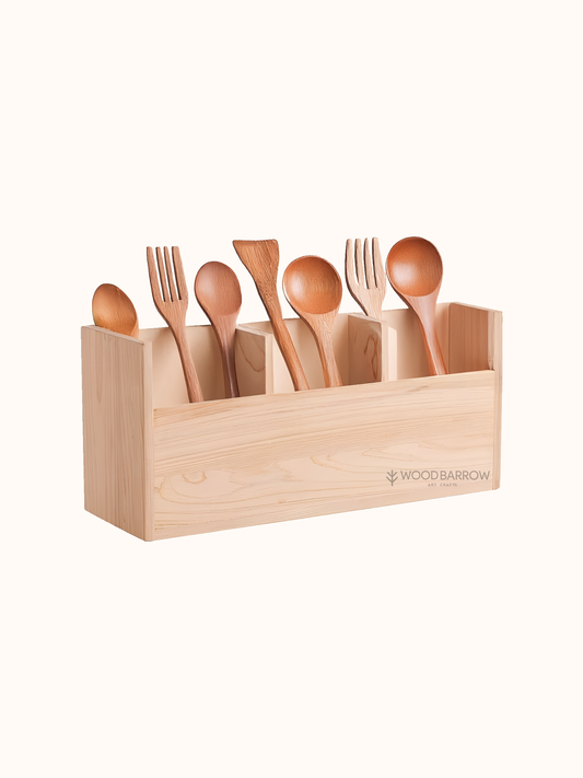 Wood Utensil Organizer Holder - 3 Compartment Kitchen Caddy