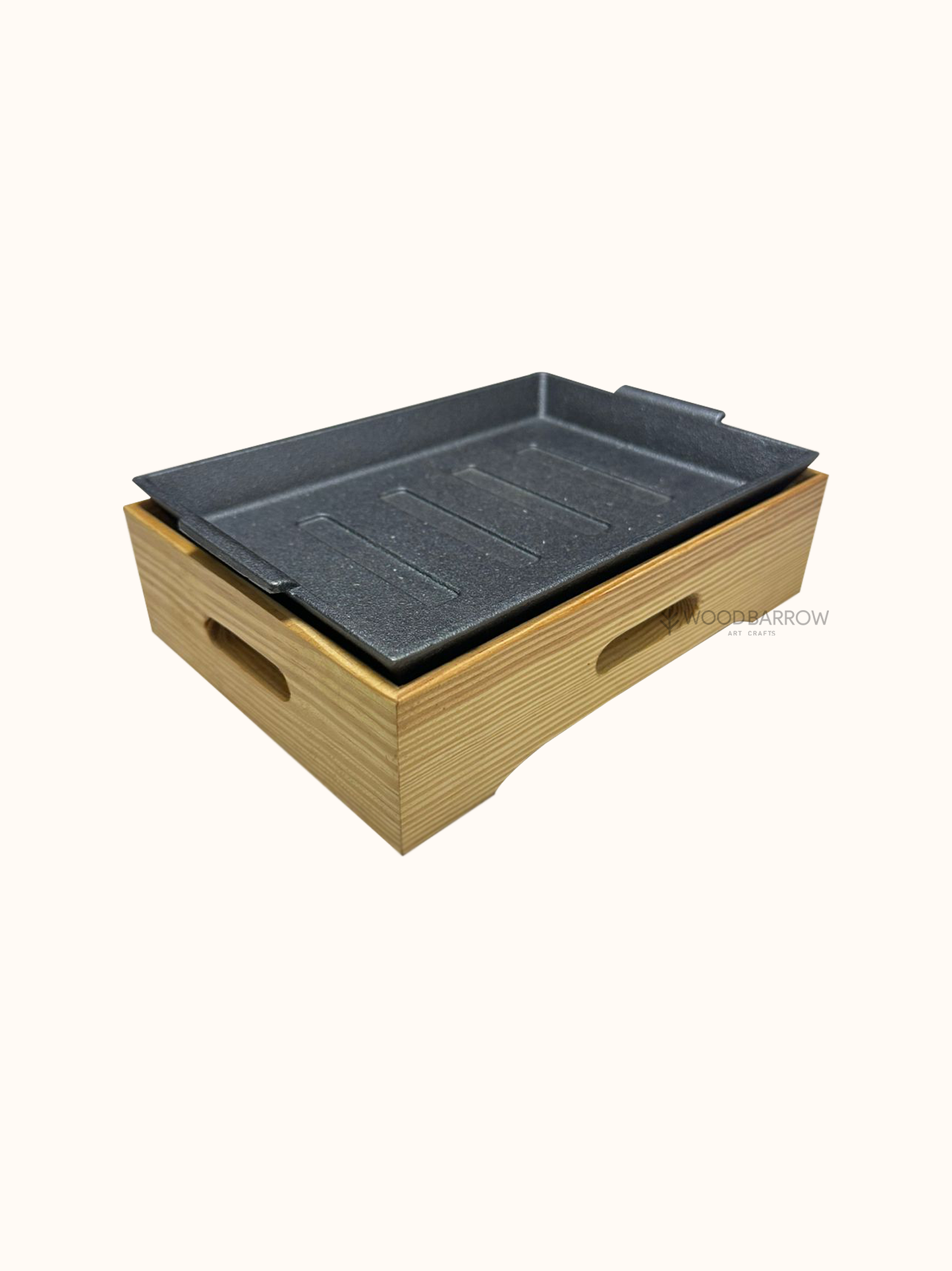 Trendy Cast Iron Rectangular Sizzling Plate with Wooden Base