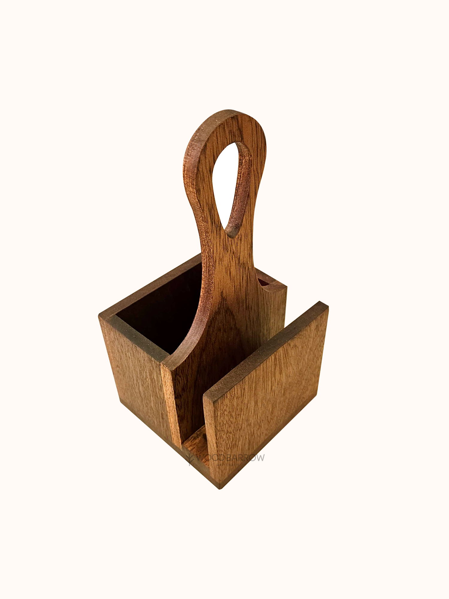 Wooden cutlery holder with compartments for utensils, napkins, and condiments, crafted from premium wood and featuring a smooth finish.