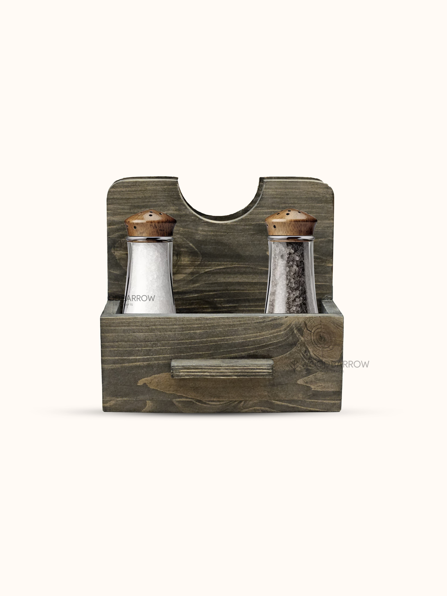Eco-friendly salt and pepper wooden holder with compact bamboo jars and a sturdy base, ideal for kitchens and dining tables.