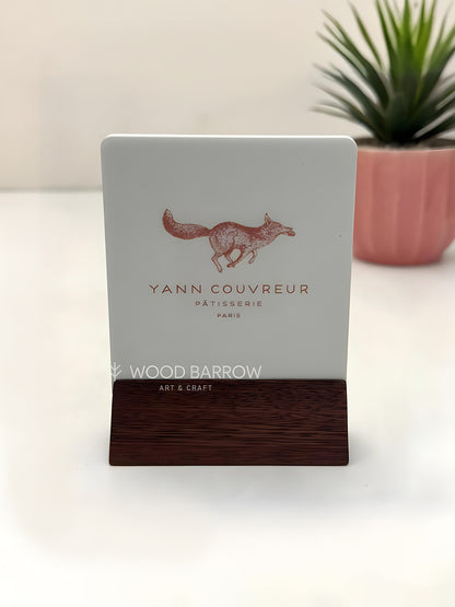 Simple Acrylic QR Code Stand with Logo - Wooden Base - 8cm x 11cm