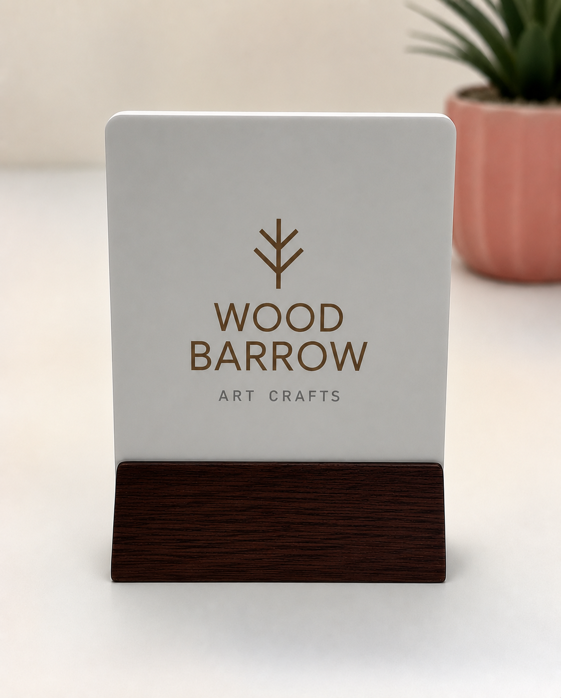 Simple Acrylic QR Code Stand with Logo - Wooden Base - 8cm x 11cm