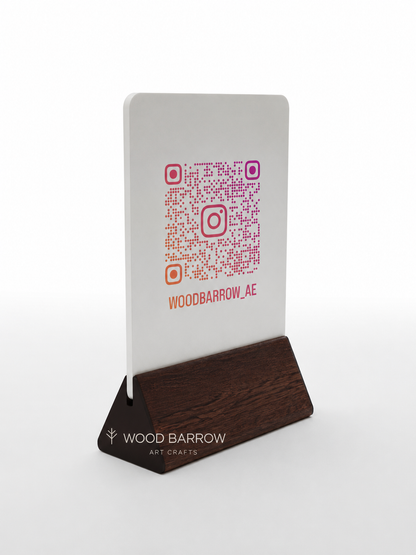 Simple Acrylic QR Code Stand with Logo - Wooden Base - 8cm x 11cm