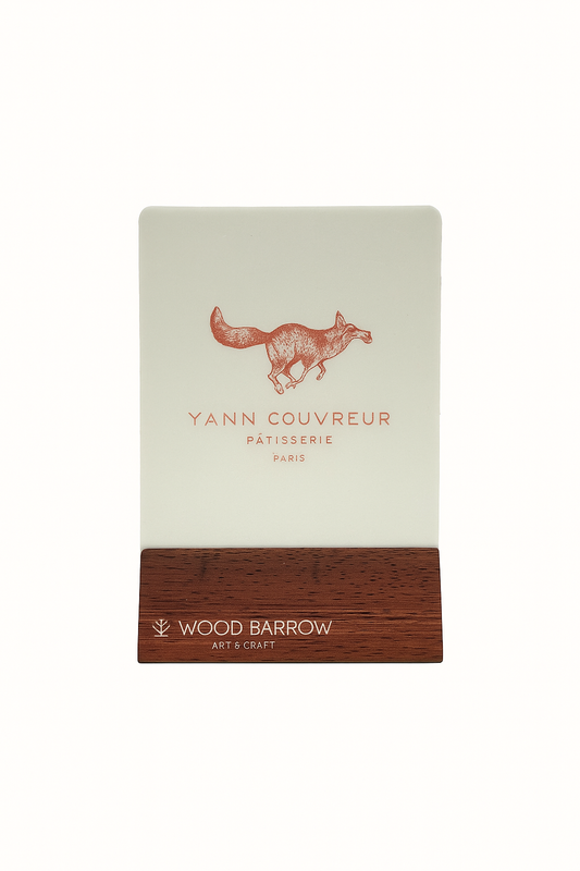 Simple Acrylic QR Code Stand with Logo - Wooden Base - 8cm x 11cm