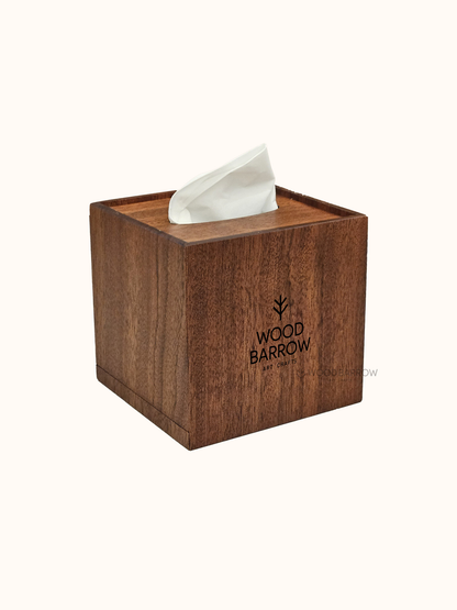 Handcrafted wooden tissue box holder with slide-out bottom, made from premium wood
