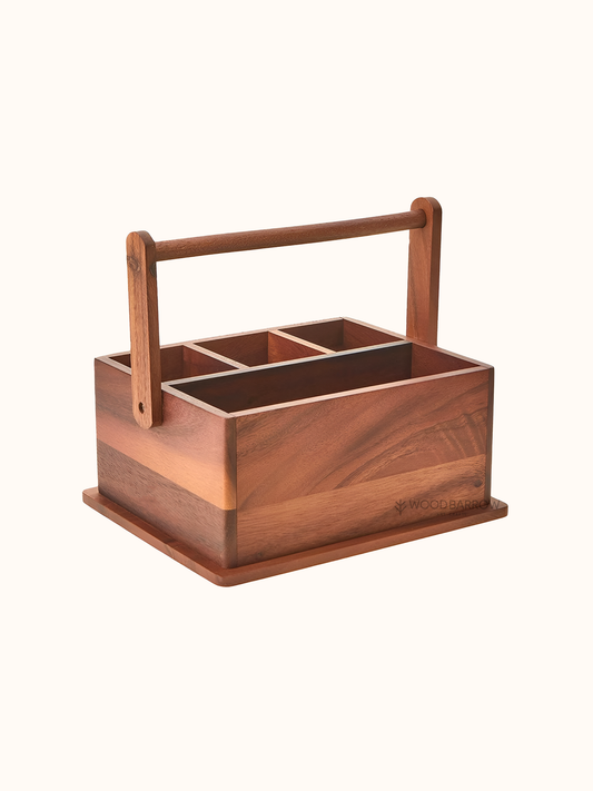Wooden Storage Box/Utensils Holder with 4 Compartments and Handle