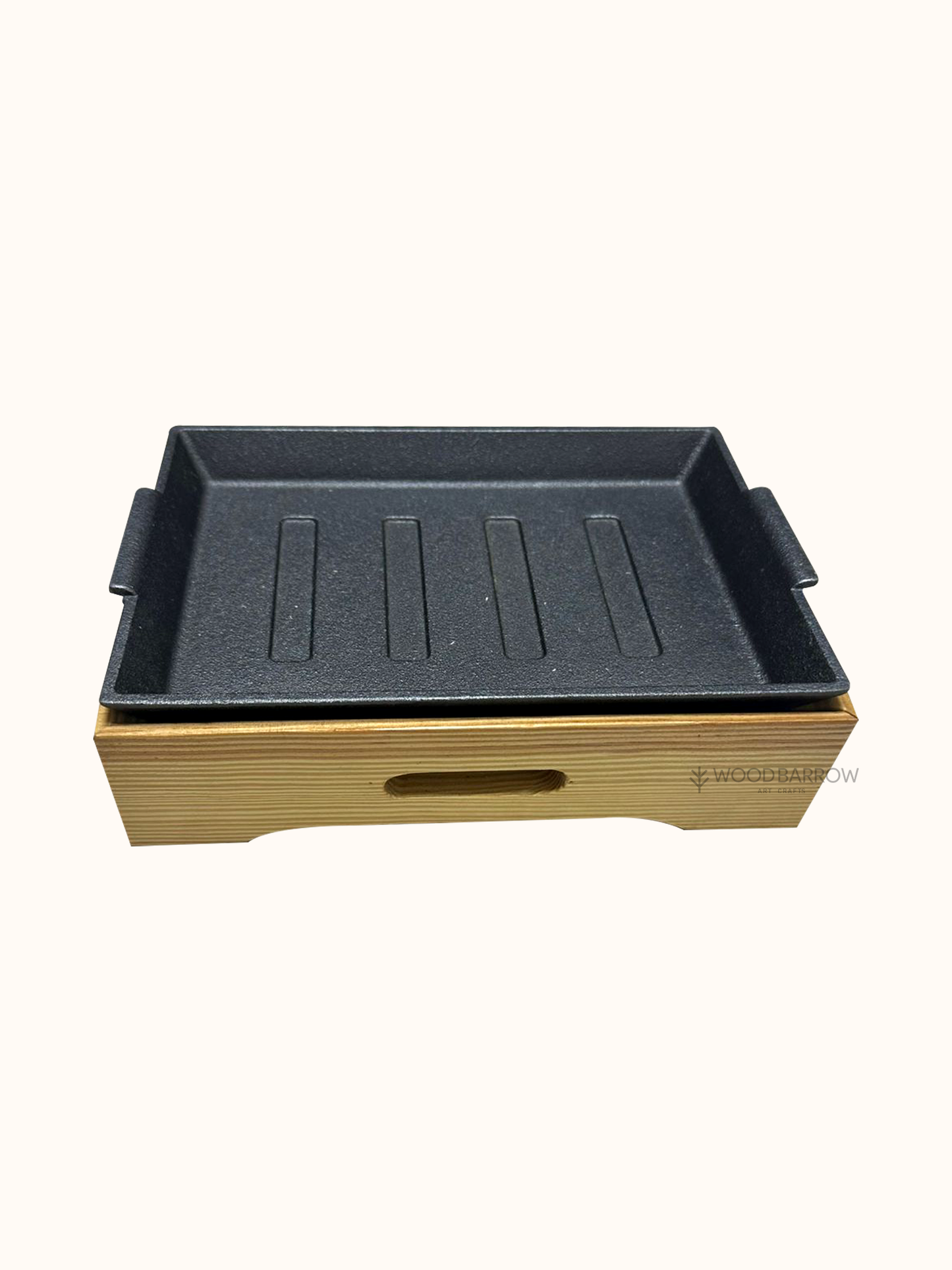 Trendy Cast Iron Rectangular Sizzling Plate with Wooden Base