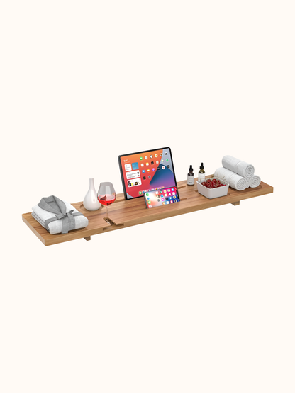 Bathtub Caddy Tray - Wooden Adjustable with Glass Holder for Relaxing Luxury
