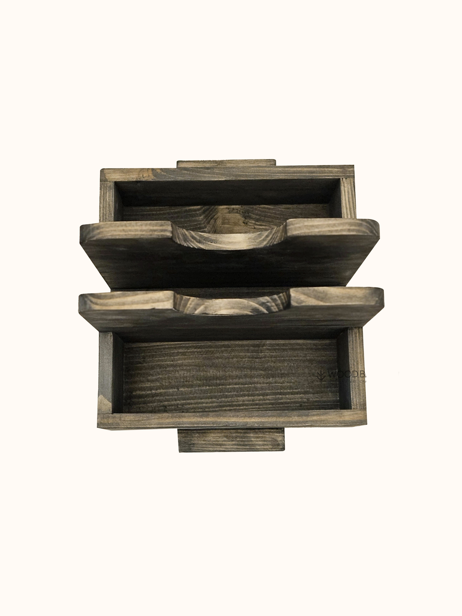 Eco-friendly salt and pepper wooden holder with compact bamboo jars and a sturdy base, ideal for kitchens and dining tables.

