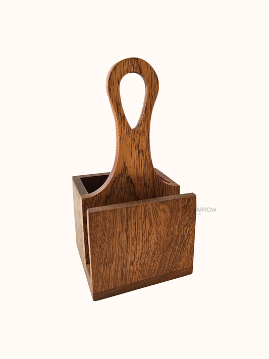 Wooden cutlery holder with compartments for utensils, napkins, and condiments, crafted from premium wood and featuring a smooth finish.